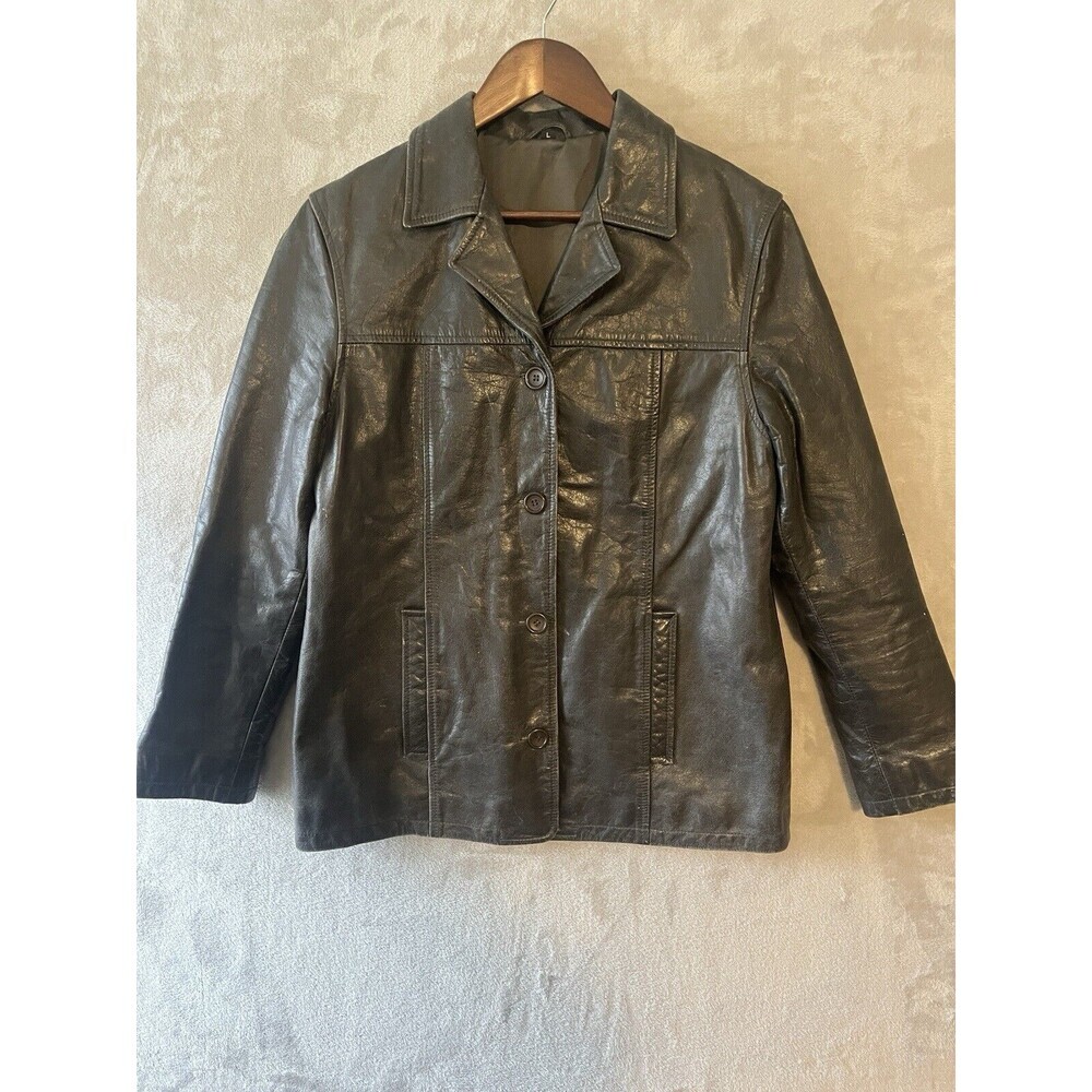 Vintage Leather Jacket Women's L Gray Buffalo Lined Button Front